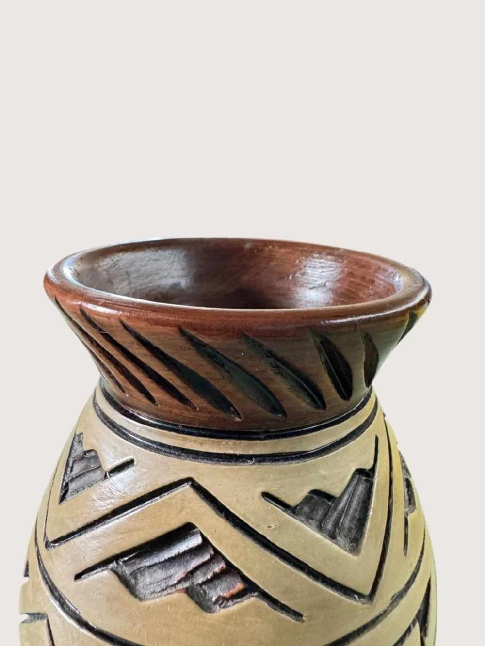 Hand Carved Mexican Redware Pottery Vase Tribal Marajoara Style Boho Decor